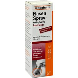 Eine weiße Packung Nasenspray von Ratiopharm mit orangen Details.