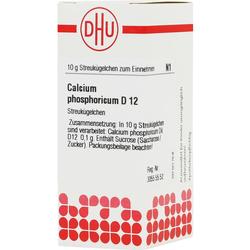 Weiße Arzneimittelverpackung mit rotem Logo und Text für Calcium phosphoricum D 12 Streukügelchen.