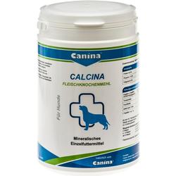 Weiße Dose mit Hundelogo und der Aufschrift „Calcina Fleischknochenmehl“.