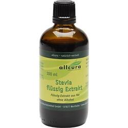Braune Flasche mit grünem Etikett, darauf steht "Stevia flüssig Extrakt".