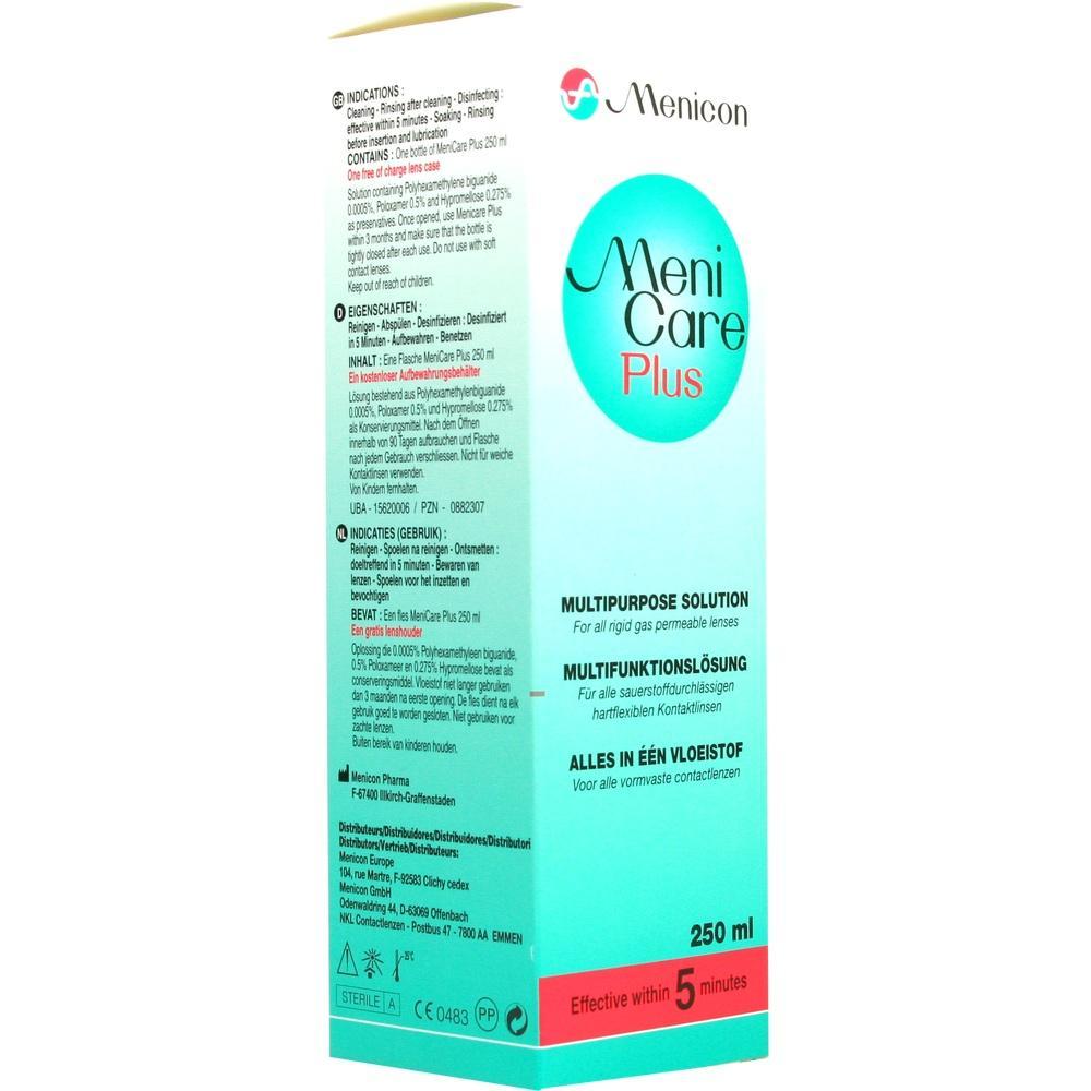 Verpackung einer Kontaktlinsenlösung mit der Aufschrift "MeniCare Plus".