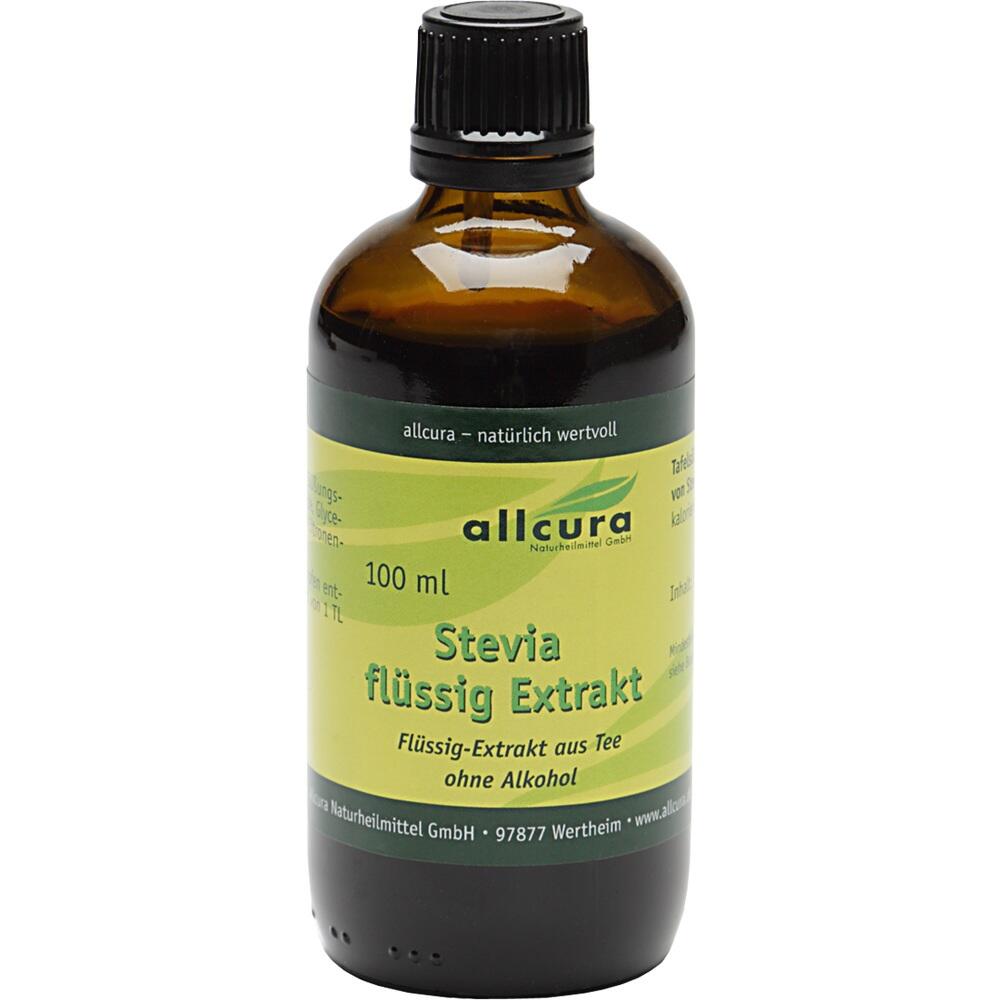 Braune Flasche mit grünem Etikett, darauf steht "Stevia flüssig Extrakt".