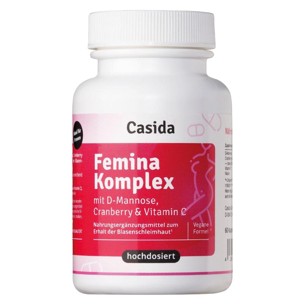 Eine weiße Flasche mit einem pinken Etikett mit der Aufschrift "Femina Komplex".