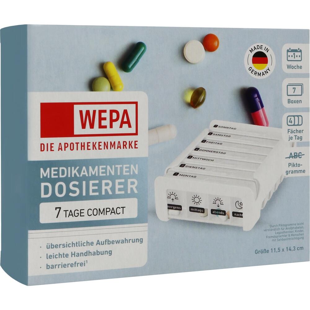 Ein blauer Medikamentendosierer für 7 Tage mit Tablettenfächern ist abgebildet.