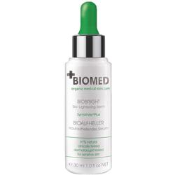 Weiße Flasche mit grünem Tropfverschluss, Aufschrift: "Biomed" und "Bioaufheller".